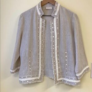 Chico’s Linen Blend Jacket Size 1 (8-10) – Embroidered & Sequin Trim Blazer
